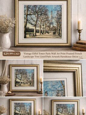 PA-03-Vintage Eiffel Tower Paris Wall Art Print Framed French Landscape Tree Lin